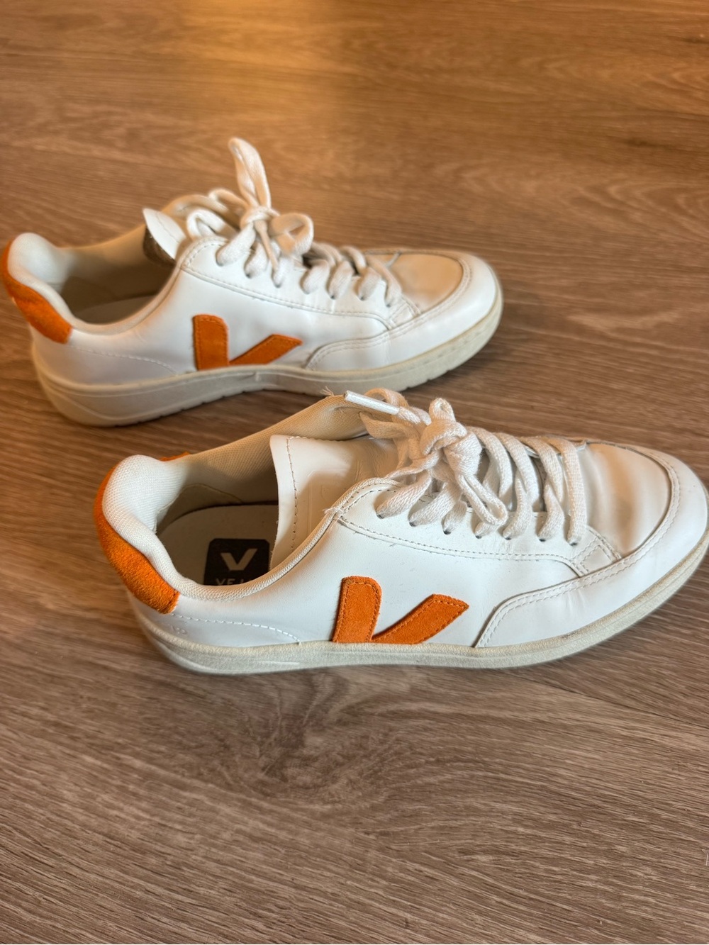 Veja V-12 White Leather Sneakers with Orange Logo